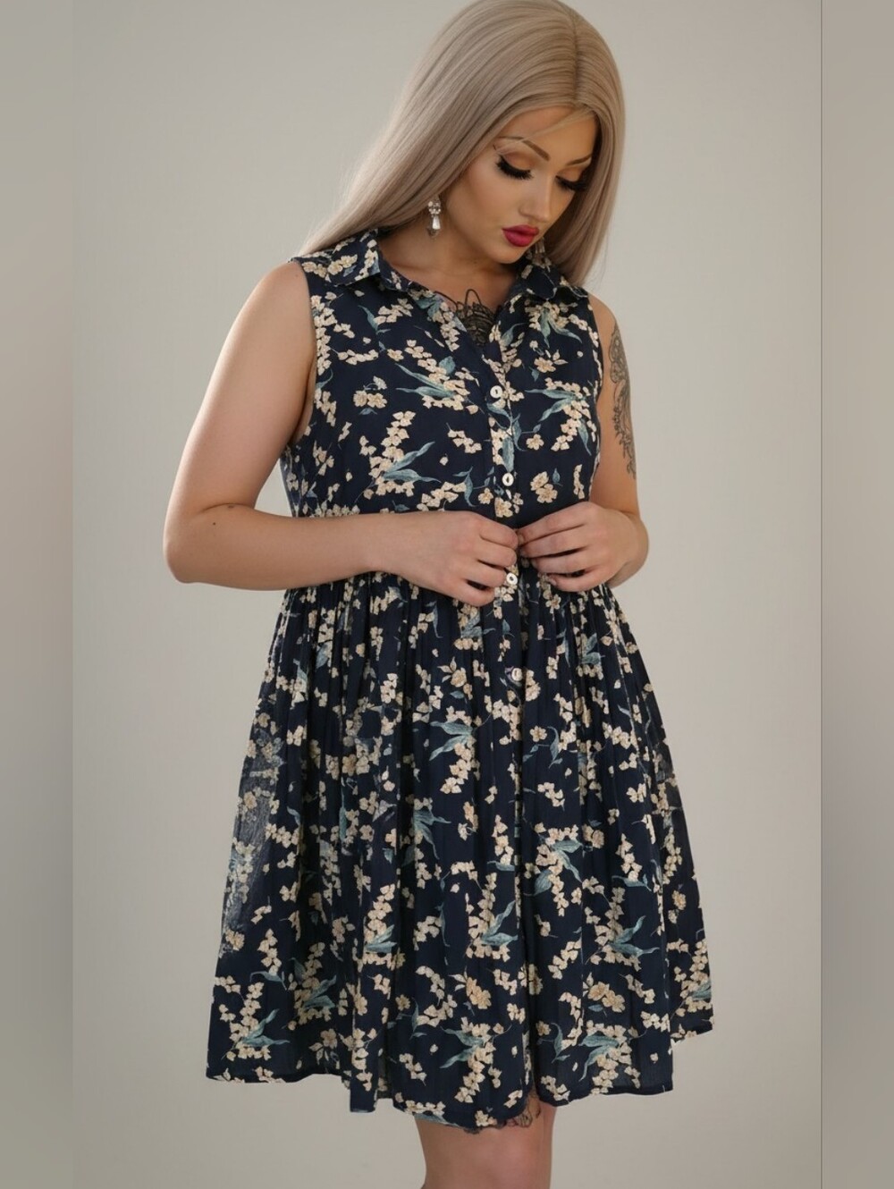 Entro Navy Blue Floral Button Front Midi Dress Sleeveless Collared M